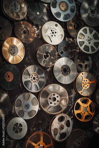 Vielfältige Filmrollen und Spulen in einem künstlerischen Arrangement

