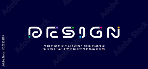 Font digital cyber alphabet with colored point, trendy letters A, B, C, D, E, F, G, H, I, J, K, L, M, N, O, P, Q, R, S, T, U, V, W, X, Y, Z and numerals 0, 1, 2, 3, 4, 5, 6, 7, 8, 9