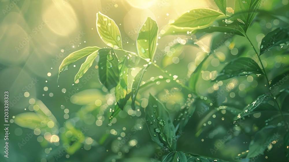 Bokeh and light reflections on dewy leaves, photorealistic and minimal style Bokeh and light reflections on dewy leaves, photorealistic and minimal style