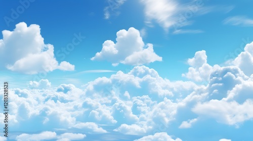 Stunning wide angle view of a serene and beautiful summer sky filled with fluffy wispy white clouds against a bright azure backdrop  This tranquil picturesque cloudscape evokes a sense of freedom