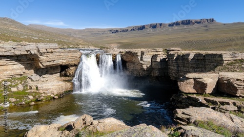 Majestic Waterfall in Arid Mountain Landscape