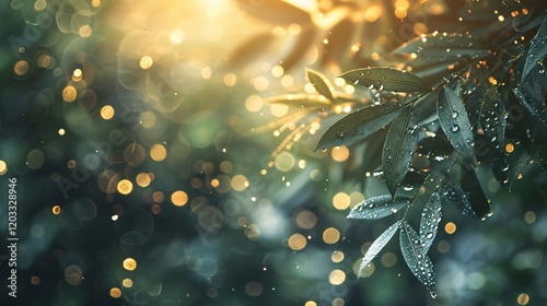 Dewy leaves with sparkling light bubbles and bokeh, photorealistic and minimal style