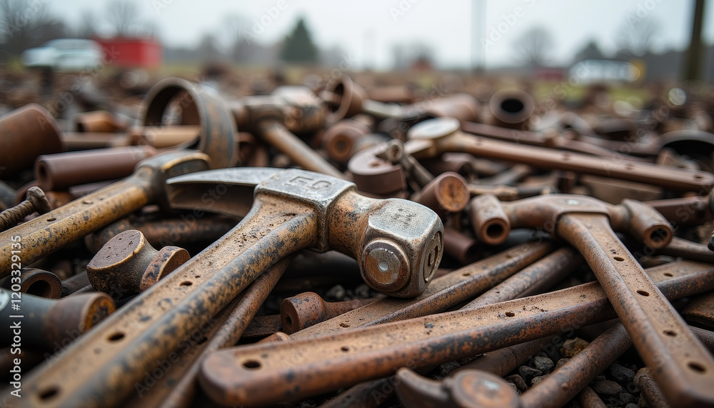Rusty tools lay scattered across a forgotten workshop in a quiet rural area, telling stories of craftsmanship and hard work over the years Rusty tools lay scattered across a forgotten workshop in a quiet rural area, telling stories of craftsmanship and hard work over the years