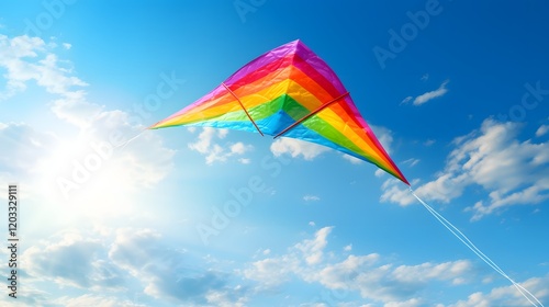 A colorful kite gracefully soaring and dancing in the bright boundless blue sky capturing the joy and freedom of outdoor recreation on a warm summer day