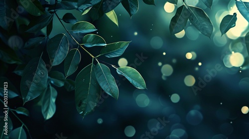 Leaves with bokeh and light reflections, photorealistic and minimal style