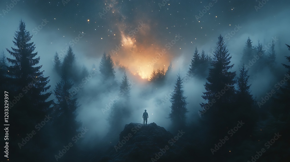 Fototapeta premium Silhouette in Fog with Cosmic Glow