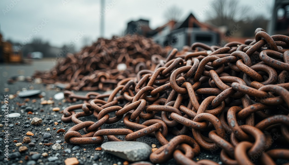 Rusty chains create an industrial landscape at an abandoned construction site on a cloudy afternoon, evoking a sense of nostalgia and decay Rusty chains create an industrial landscape at an abandoned construction site on a cloudy afternoon, evoking a sense of nostalgia and decay