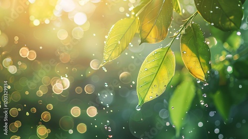 Sunlit leaves with light bubbles and bokeh, photorealistic and minimal style