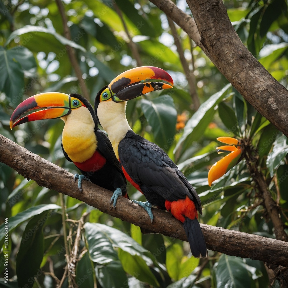 Naklejka premium A pair of toucans sharing a fruit on a sunny day.
