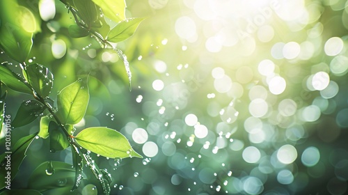 Sunlit leaves with light bubbles and bokeh, photorealistic and minimal style