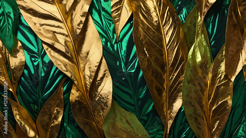 Metallic gold and green leaf textured background
