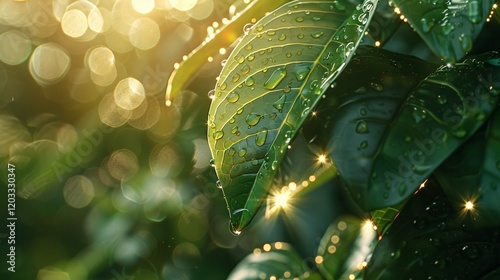 Dew-covered leaves with light bubbles and natural bokeh, photorealistic and minimal style