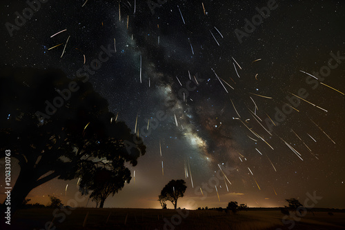 Mesmerizing Night Sky: A Celestial Spectacle of Meteor Showers Illuminates the Earthly Landscape in Stunning Detail photo