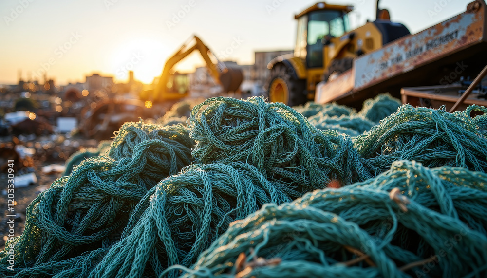 Vibrant strands of fishing nets tangled together under the warm glow of a sunset at a busy port terminal Vibrant strands of fishing nets tangled together under the warm glow of a sunset at a busy port terminal