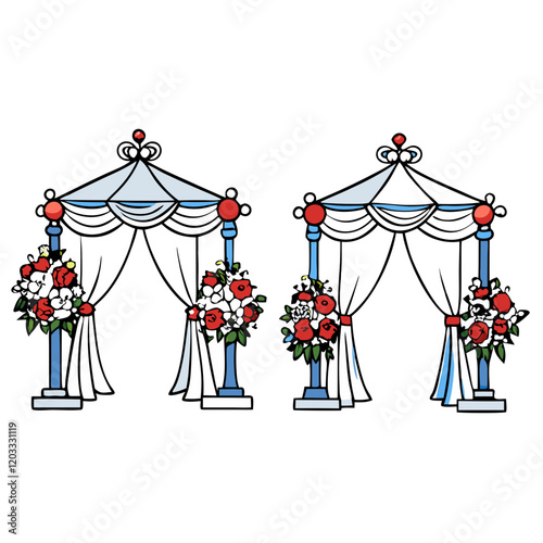 Cartoon Style Blue Wedding Pavilions with Red and White Floral Accents