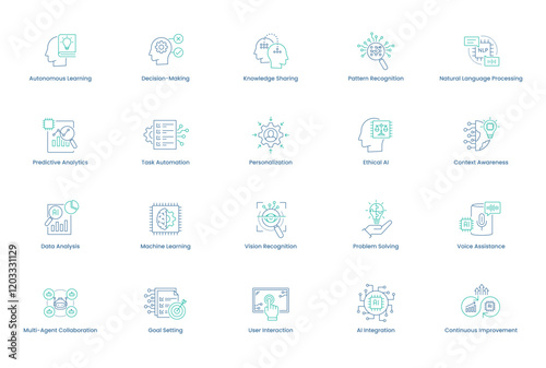 Comprehensive AI Agents Icon Set. Autonomous learning, decision-making, knowledge sharing, pattern recognition, natural language processing, and more icons for intelligent AI systems. Vector icon set.