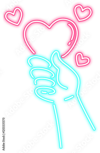 Neon glow heart icon with hand love sign