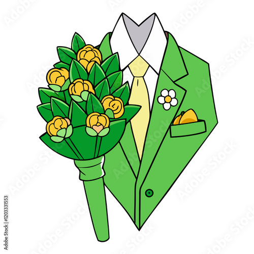 Cartoon Green Groom's Suit with Yellow Bouquet and Floral Boutonniere