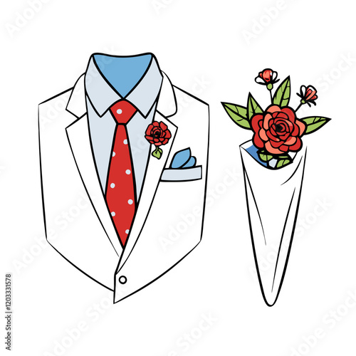 Cartoon Groom's Suit with Floral Boutonniere and Red Tie for Wedding Styling