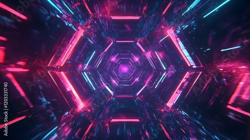 Abstract Hexagonal Neon Tunnel Digital Art