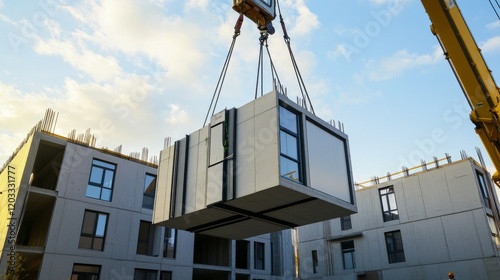 A construction worker guiding a crane to lift prefabricated modular units for a hospital extension, Modular unit lifting scene, Healthcare facility construction style