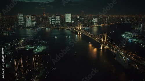 Night View of Tokyo's Rainbow Bridge and Cityscape