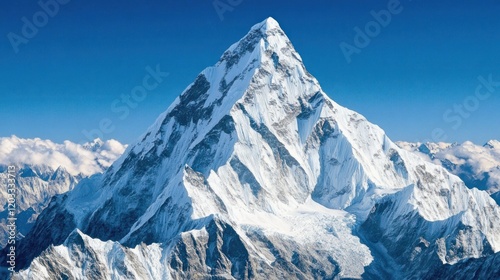 Majestic snow-capped mountain peak against a vibrant blue sky.  Vast, icy mountain range extends into the distance.  Stunning, breathtaking view of a high altitude peak.  Clear, sunny day, vast panora photo