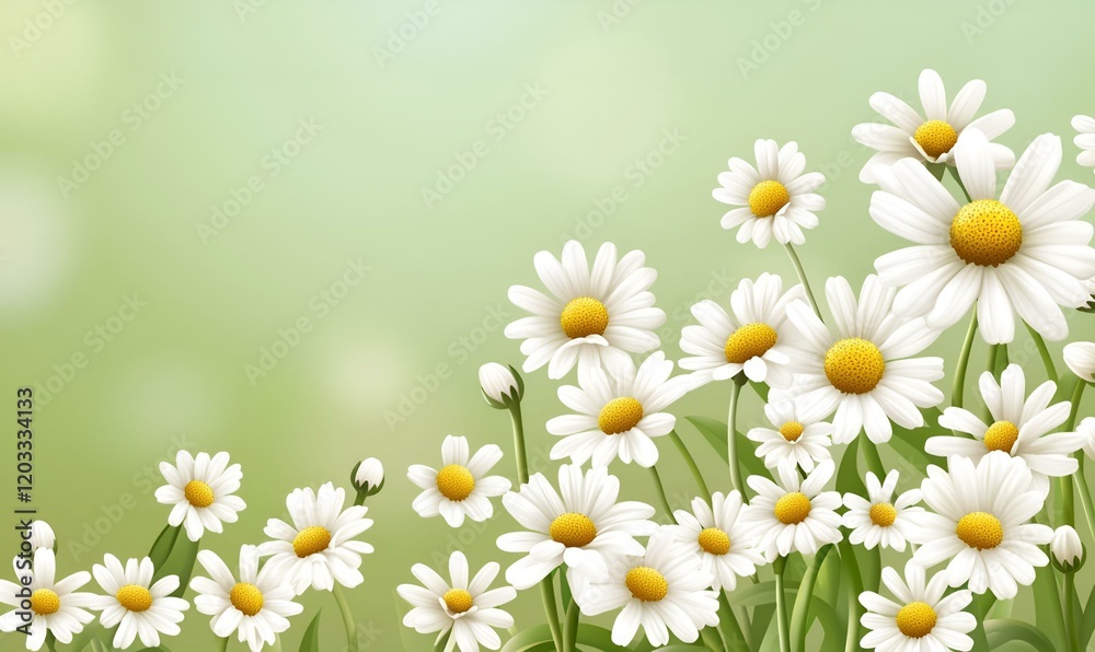 Fototapeta premium Cheerful Spring Landscape, vibrant daisies bloom under warm sunshine, creating a joyful border filled with life and color.