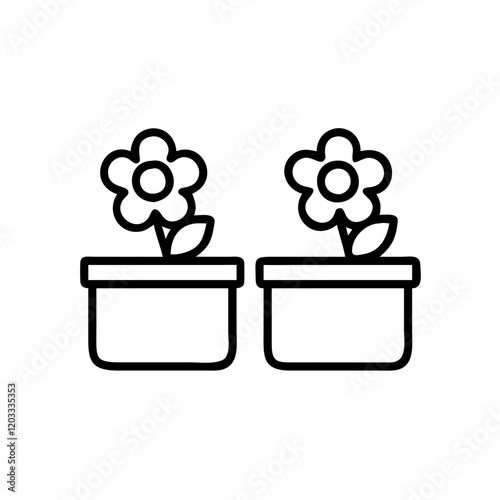 Minimalist outline of two flowerpots with blooming flowers.
