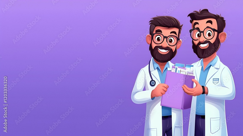 Cheerful Pharmacist at Work, A vibrant cartoon scene showcasing a friendly pharmacist joyfully handing over medication to a smiling customer. Cheerful Pharmacist at Work, A vibrant cartoon scene showcasing a friendly pharmacist joyfully handing over medication to a smiling customer.