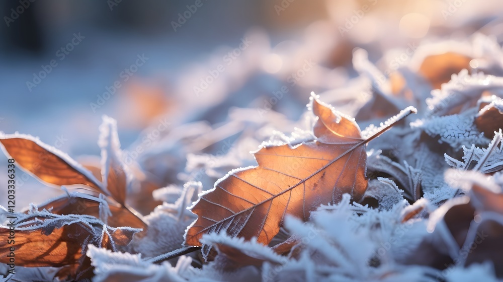 Macro shot of delicate frost covered leaves on a chilly autumn morning The intricate patterns and textures created by the ice crystals on the natural foliage create a captivating and serene scene Macro shot of delicate frost covered leaves on a chilly autumn morning The intricate patterns and textures created by the ice crystals on the natural foliage create a captivating and serene scene