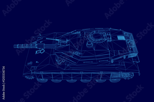 Blue drawing of a tank. The tank is shown in a very detailed and realistic way, with every part of it clearly visible. Scene is one of awe and admiration