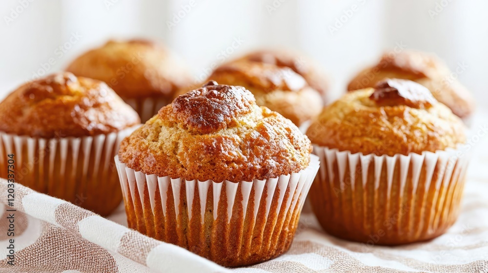 Delicious muffins on a kitchen towel, ready to eat. Perfect for baking blogs and recipes Delicious muffins on a kitchen towel, ready to eat. Perfect for baking blogs and recipes