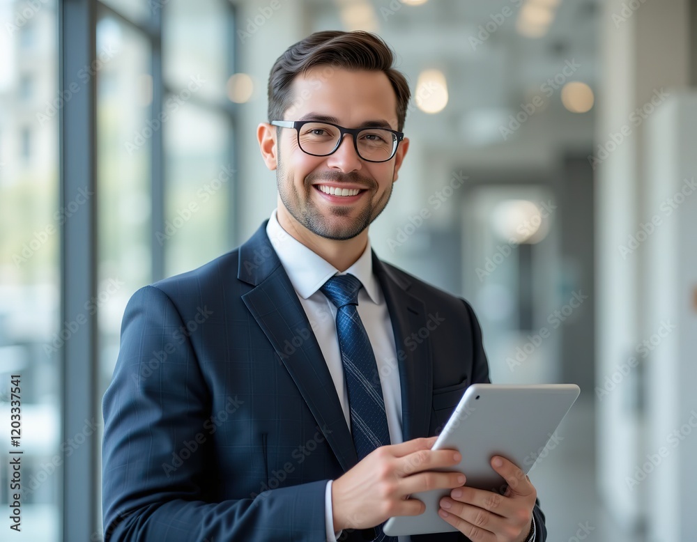 Portrait of a smiling businessman wearing eyeglasses with tablet, business concept Portrait of a smiling businessman wearing eyeglasses with tablet, business concept