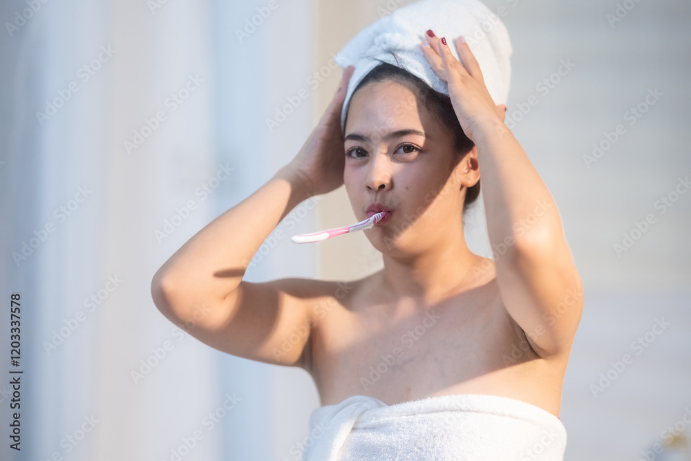 Woman smiling while brushing teeth in a bright bathroom after a fresh shower Woman smiling while brushing teeth in a bright bathroom after a fresh shower