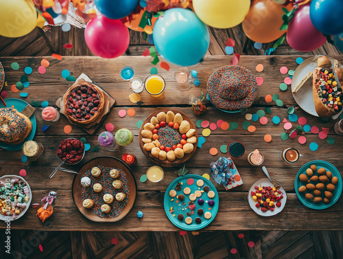 Bunte Geburtstagsparty mit Kuchen, Snacks und Luftballons

 photo