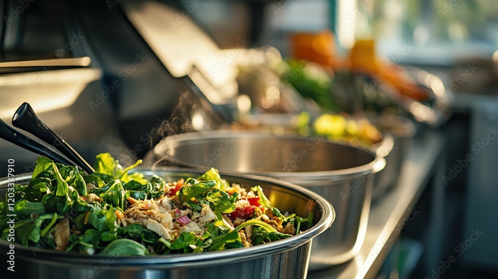 Obraz premium Freshly prepared salad bowls with steaming greens in a vibrant kitchen setting