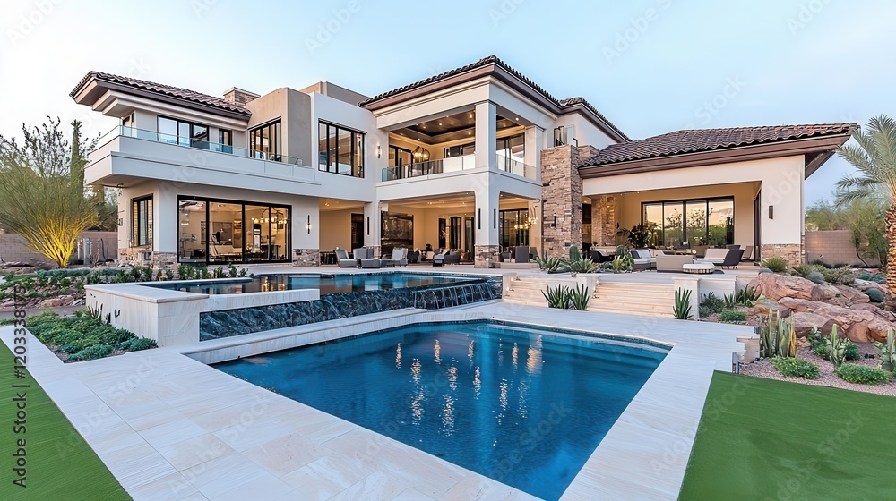Modern luxury villa with pool and garden in a serene outdoor setting. Modern luxury villa with pool and garden in a serene outdoor setting.