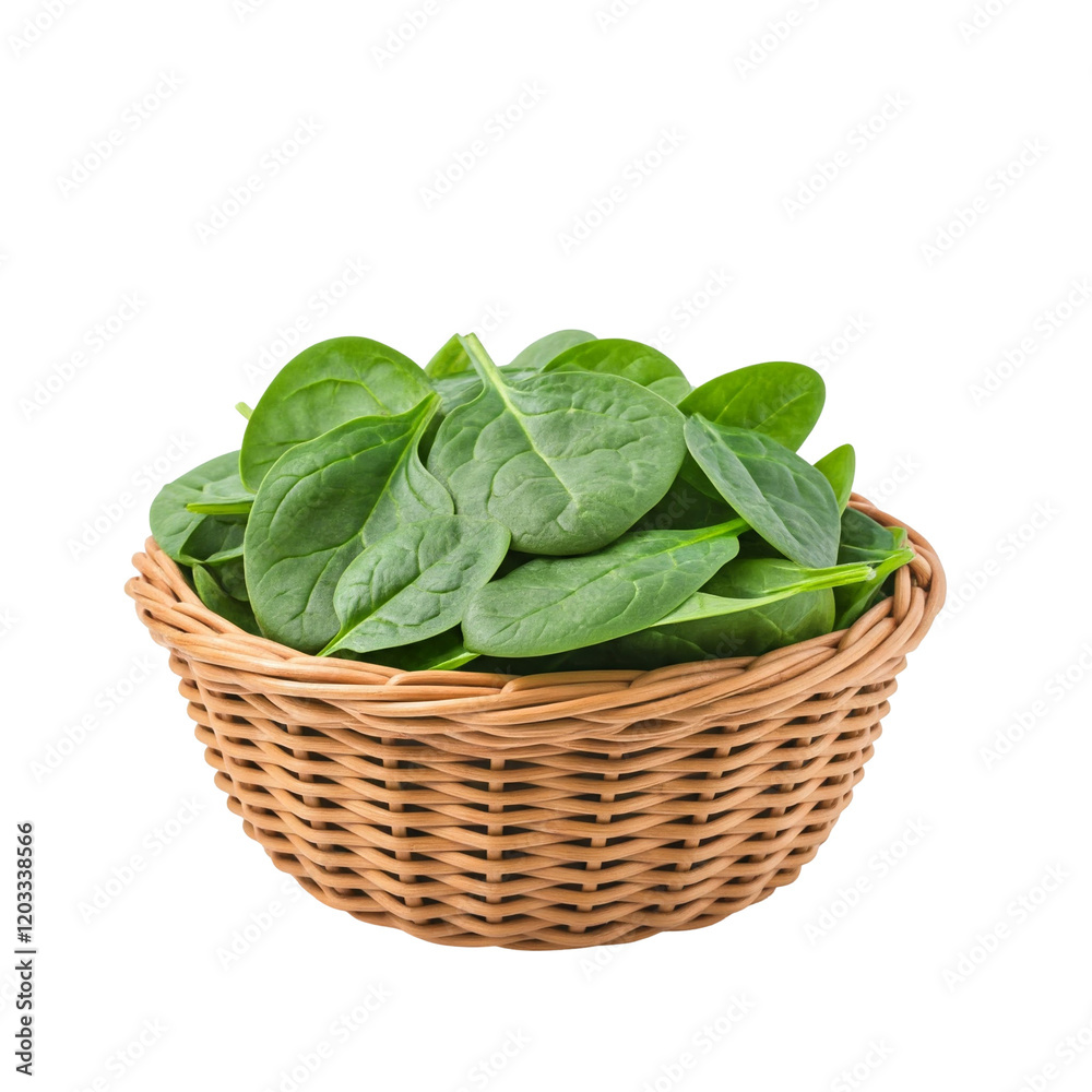 Small Woven Basket Filled with Fresh Spinach Leaves on White Background Small Woven Basket Filled with Fresh Spinach Leaves on White Background