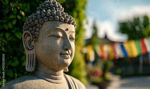 Buddha Statue Embraced by Vibrant Prayer Flags, A serene scene of spirituality and color, capturing the essence of devotion and tranquility.