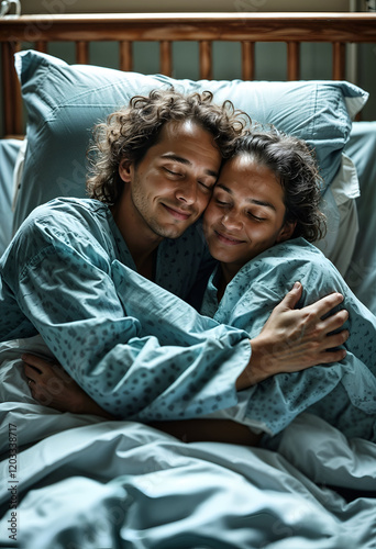 Tender Embrace in Hospital Bed: A heartfelt moment of connection, as a young couple finds solace and comfort in each other's embrace while lying in a hospital bed.