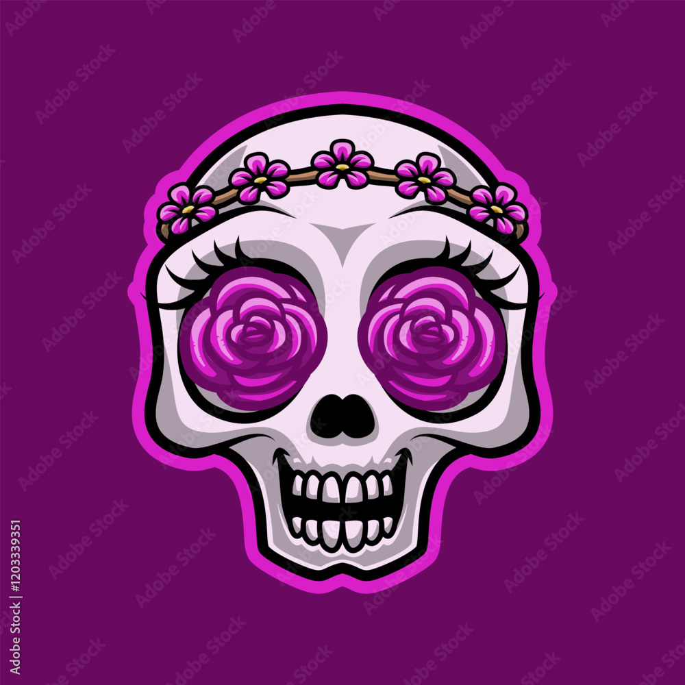 Fototapeta premium Cute Skull Head In Love With Rose Eyes Mascot Vector Illustration is perfect for your brand business