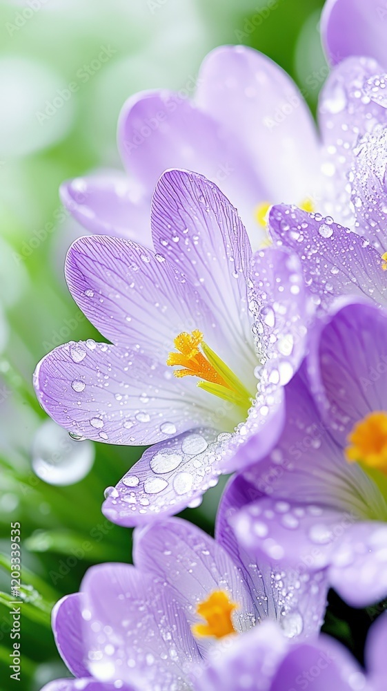 Delicate purple crocus flower blossoming amid morning dew, signaling spring gentle awakening in soft, luminous light background Delicate purple crocus flower blossoming amid morning dew, signaling spring gentle awakening in soft, luminous light background