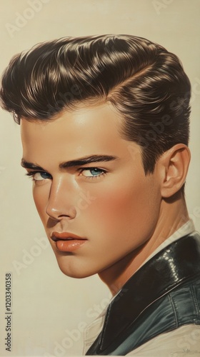 A vintage mens hairstyle poster featuring iconic looks from the 1950s, including sharp fades and bold pompadours.