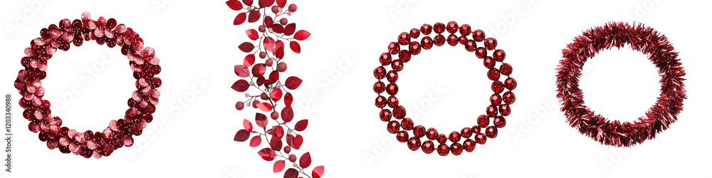 Festive red decorative wreaths made of various elements like ornaments berries holly and tinsel for Christmas and holiday The wreaths have a circular round shape and can be used for home decor Festive red decorative wreaths made of various elements like ornaments berries holly and tinsel for Christmas and holiday The wreaths have a circular round shape and can be used for home decor