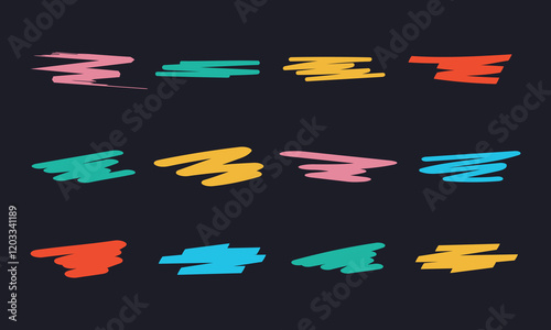 Handwritten scribble pack. Set of brush strokes or hightlighter pen. Check marks underlines.. Vector illustration