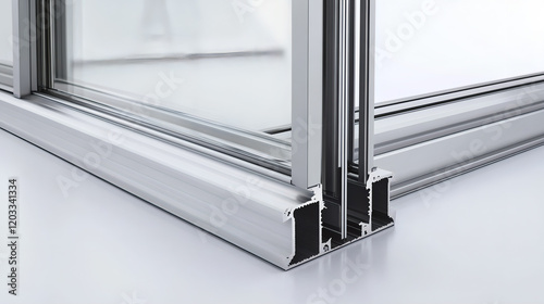 Aluminum profile frames double glazing isolated on white background. PVC metal silver color windows and doors detail cross section.