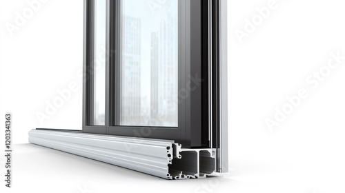 Aluminum profile frames double glazing isolated on white background. PVC metal silver color windows and doors detail cross section. photo