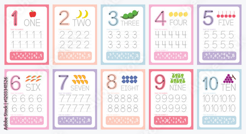 Flat Design Vector Cute Colorful Flashcards for Number Tracing. Fun Printable for Kids to Learn Writing and Motor Skills. Perfect for Teachers, Students, and Homeschooling Activities in A4 Size.