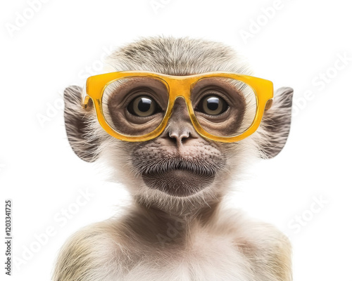 Funny monkey wearing yellow glasses, isolated on transparency background, showcasing playful expression. This adorable animal captures attention with its unique style and charm photo